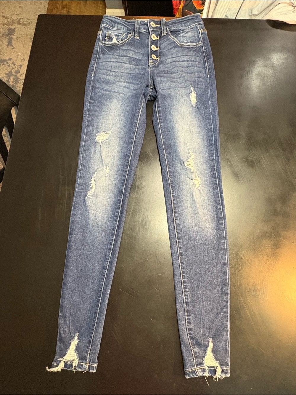 KanCan Blue High-Rise Distressed Skinny Jeans with Exposed Buttons